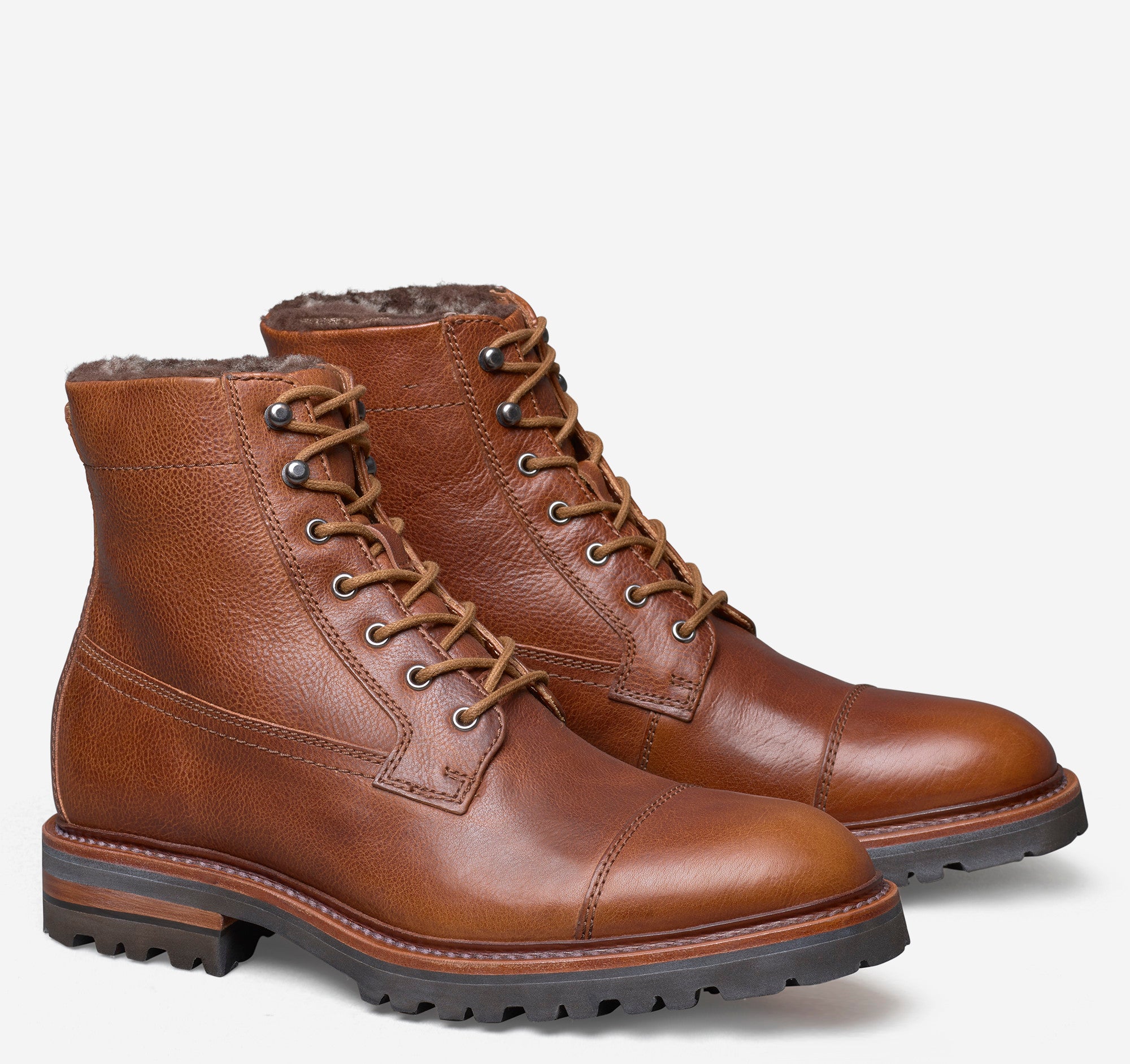 Johnston & Murphy Men's Dudley Lug Cap Toe Shearling Boot - Cognac Full Grain/Shearling - Size 10.5 - M Johnston & Murphy Men's Dudley Lug Cap Toe Shearling Boot - Cognac Full Grain/Shearling - Size 10.5 - M