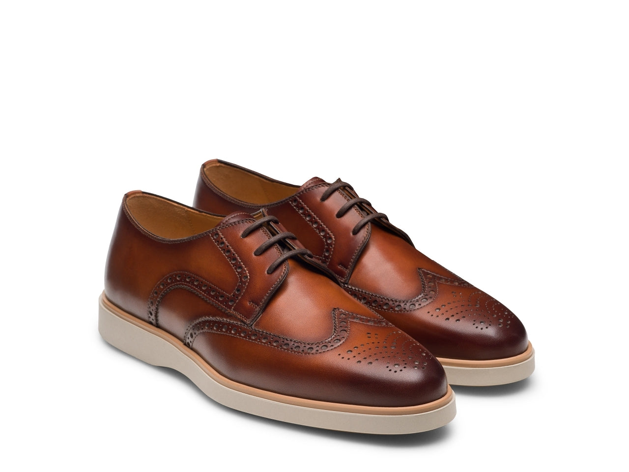 white bottom dress shoes Magnanni Leonel Men's Cognac Leather Brogue Wingtip Hybrid Derby Shoes — Size 10